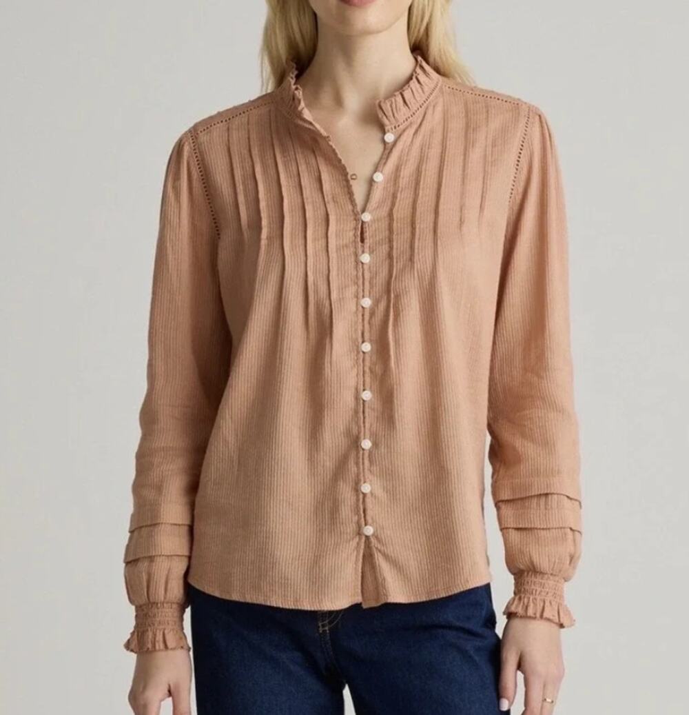 Quince Organic Textured Cotton Peasant Blouse Cafe au Lait (M)